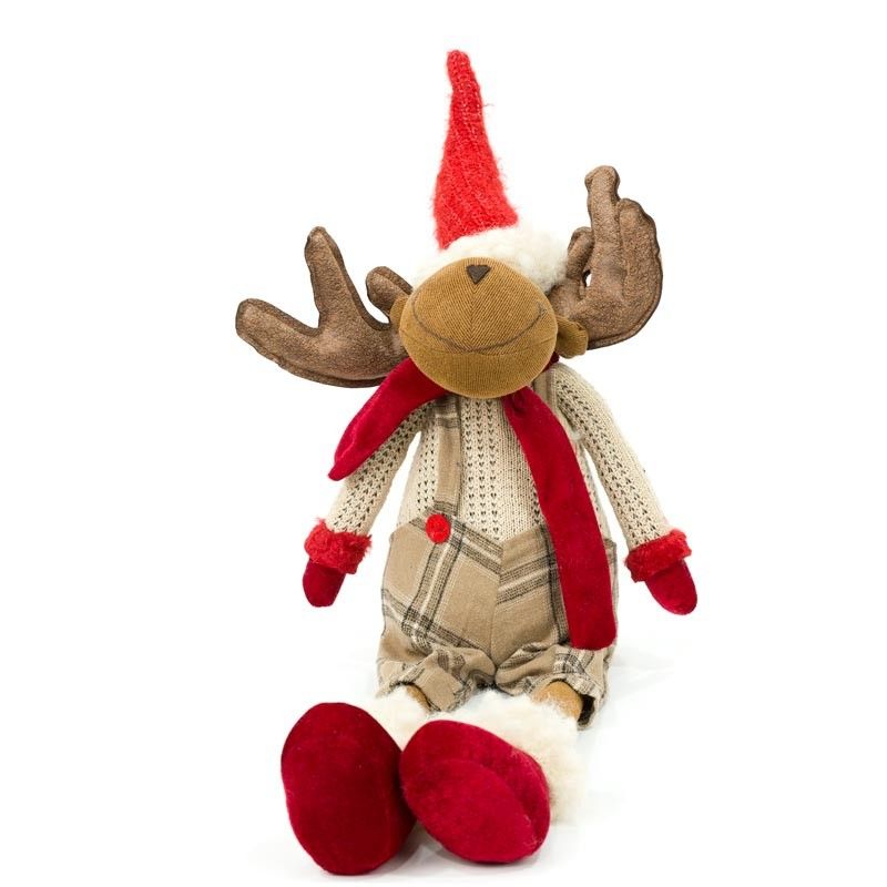 Renna Natalizia Seduta con Abito Beige a Quadri H.77 cm