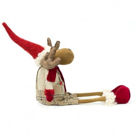 Renna Natalizia Seduta con Abito Beige a Quadri H.77 cm