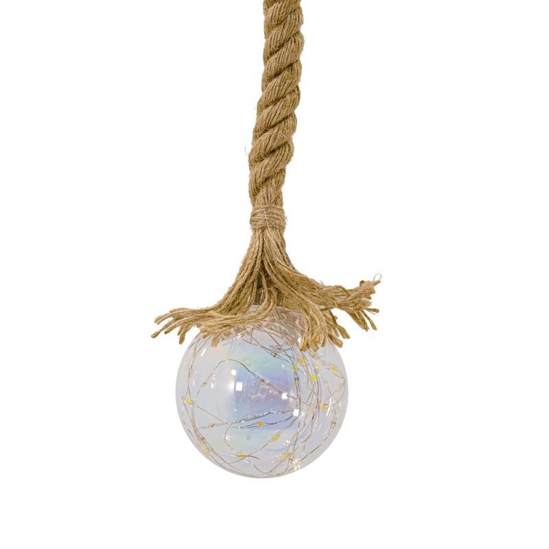 Sfera Luminosa in Vetro, Ø 10 cm, 45 Micro Led con Corda in Canapa