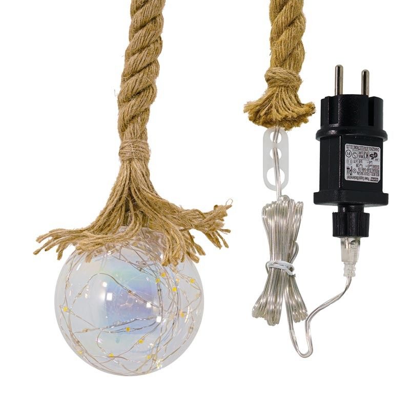 Sfera Luminosa in Vetro, Ø 10 cm, 45 Micro Led con Corda in Canapa