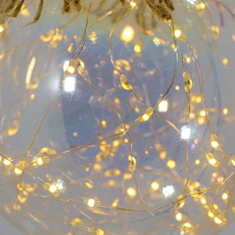 Sfera Luminosa in Vetro, Ø 10 cm, 45 Micro Led con Corda in Canapa