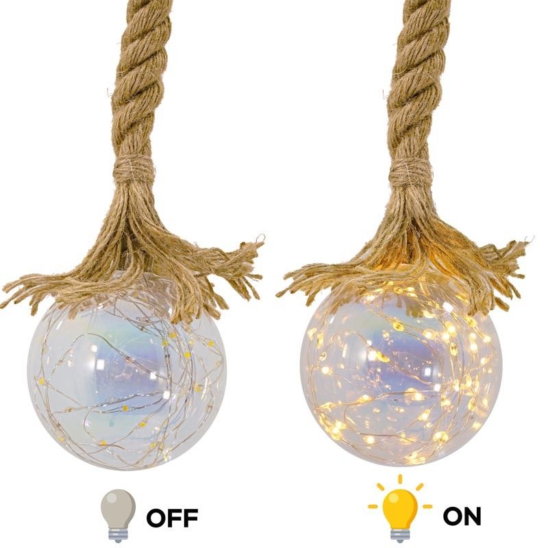Sfera Luminosa in Vetro, Ø 10 cm, 45 Micro Led con Corda in Canapa