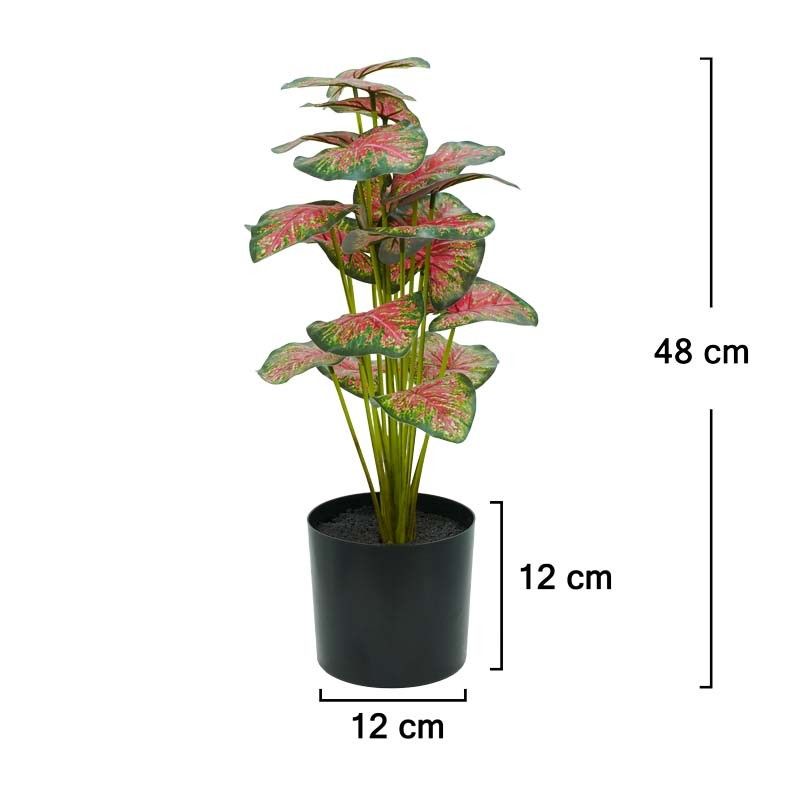 Pianta Calathea Rossa Artificiale con Vaso Grigio