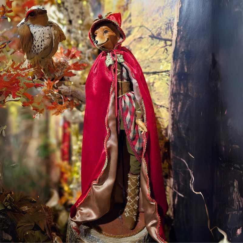 Volpe con Mantello in Velluto Rosso e Oro su Stand H.62 cm