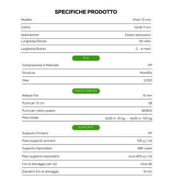 Prato Sintetico 15 mm, Erbetta Sintetica 1,5 cm