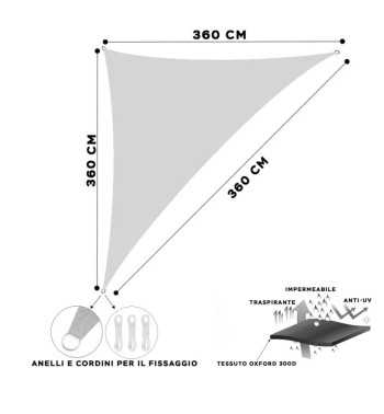 Vela Triangolare in Poliestere, Parasole Completo di Anelli 3.6 mt Bianco