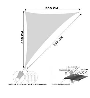 Vela Triangolare in Poliestere, Parasole Completo di Anelli 5 mt
