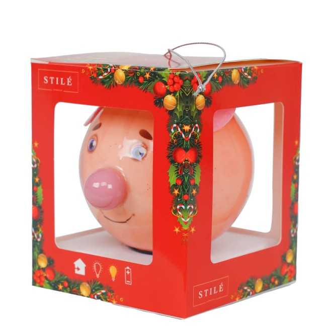 Pallina Natalizia con Maialino e Led D.8 cm