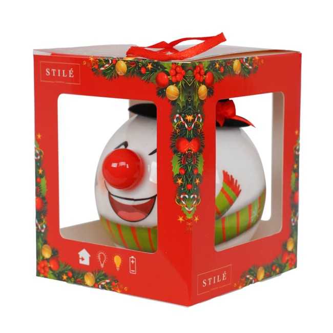 Pallina Natalizia Pupazzo di Neve con Cappello e Led D.8 cm