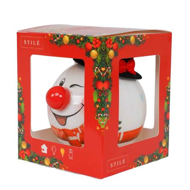 Pallina Natalizia Pupazzo di Neve con Cappello e Led D.8 cm