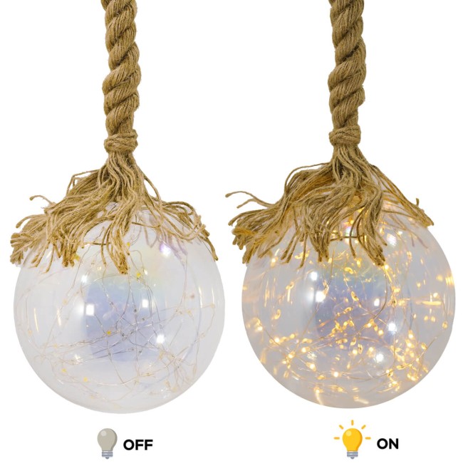 Sfera Luminosa in Vetro, Ø 15 cm, 80 Micro Led con Corda in Canapa