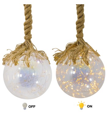 Sfera Luminosa in Vetro, Ø 15 cm, 80 Micro Led con Corda in Canapa