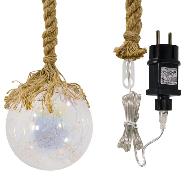 Sfera Luminosa in Vetro, Ø 15 cm, 80 Micro Led con Corda in Canapa