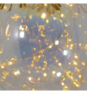 Sfera Luminosa in Vetro, Ø 15 cm, 80 Micro Led con Corda in Canapa