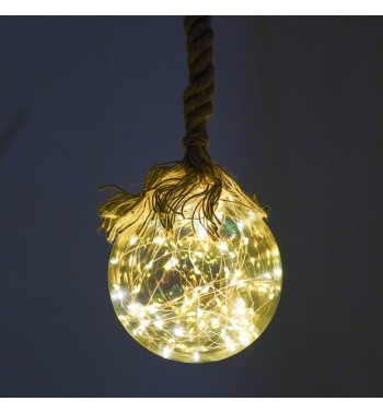 Sfera Luminosa in Vetro, Ø 15 cm, 80 Micro Led con Corda in Canapa