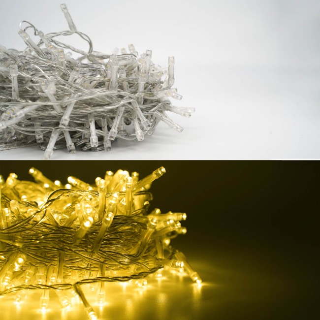 Catena Luminosa Bianco Caldo 300 Led| Cavo Trasparente| Funzione Memory |15 metri Uso Esterno IP44