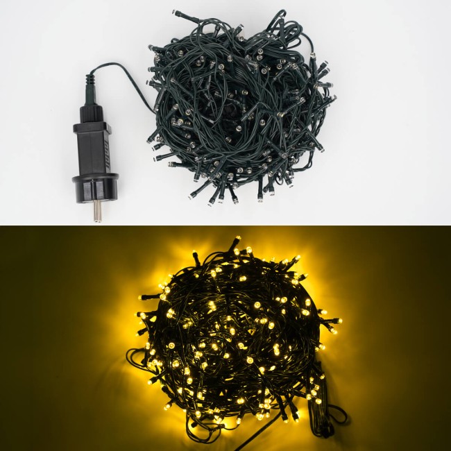Catena Luminosa Bianco Caldo 300 Led| Cavo Verde| Funzione Memory |15 metri Uso Esterno IP44