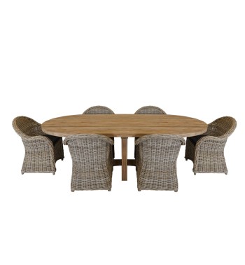 Set Tavolo Ovale in Teak con 6 Sedie in Rattan - Luton