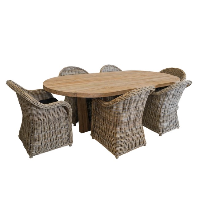 Set Tavolo Ovale in Teak con 6 Sedie in Rattan - Luton