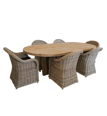 Set Tavolo Ovale in Teak con 6 Sedie in Rattan - Luton