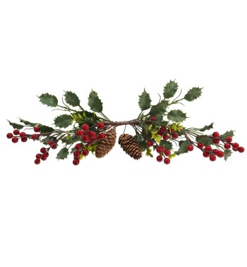 Swag con Foglie Verdi Bacche Rosse e Pigne L.62 cm