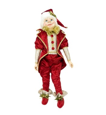 Elfo Natalizio con Abito in Velluto Rosso e Oro H.76 cm