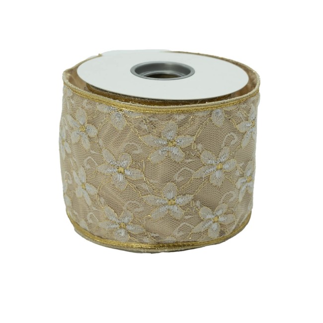 Nastro Natalizio Oro e Platino con Decorazione Floreale