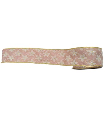 Nastro Natalizio Malva con Decorazione Floreale Oro