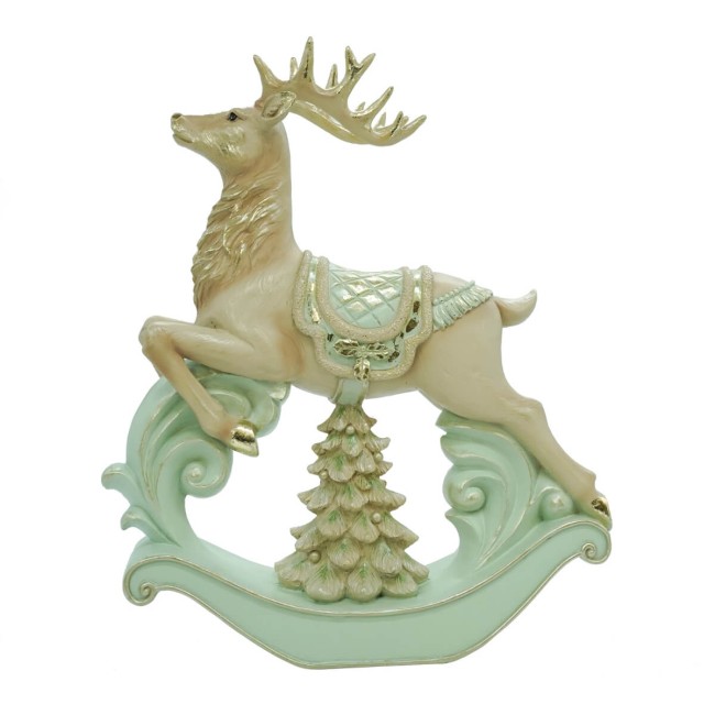 Renna Natalizia a Dondolo in Resina Verde Acqua e Beige H.37 cm