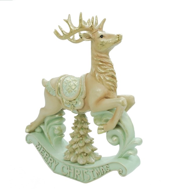 Renna Natalizia a Dondolo in Resina Verde Acqua e Beige H.37 cm