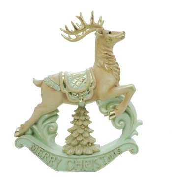 Renna Natalizia a Dondolo in Resina Verde Acqua e Beige H.37 cm