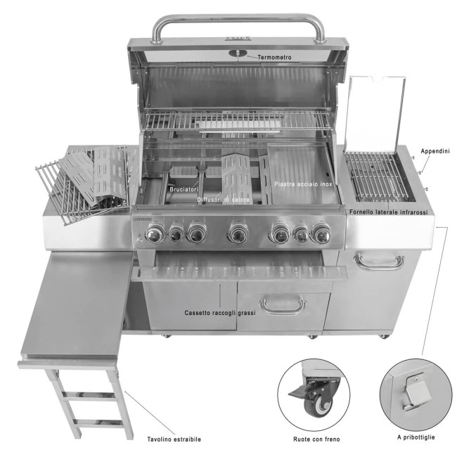 Barbecue a Gas 5 Fuochi con Fornello Laterale e Tavolo Estraibile - Lussemburgo
