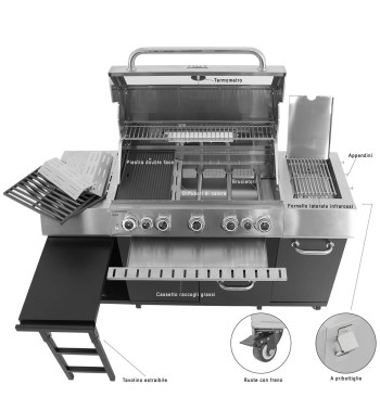 Barbecue a Gas 5 Fuochi con Fornello Laterale e Tavolo Estraibile - Lussemburgo Black