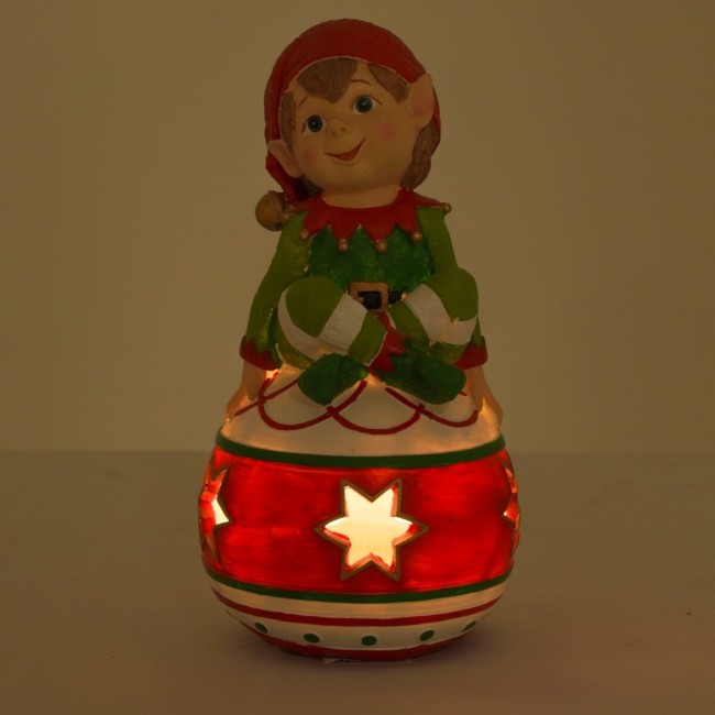 Elfo Natalizio su Sfera in Resina con Luci H.26 cm