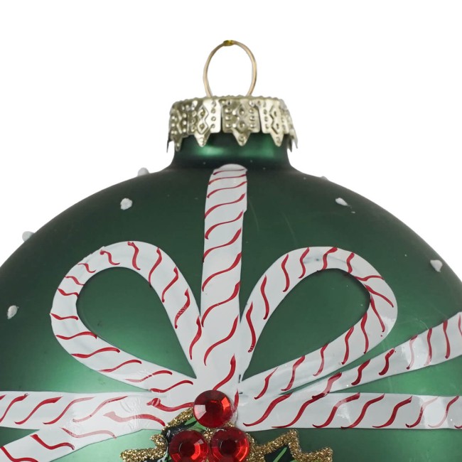Pallina di Natale Verde in Vetro con Fiocco Bianco e Agrifoglio 2 Misure