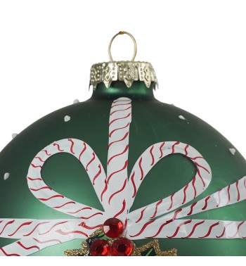 Pallina di Natale Verde in Vetro con Fiocco Bianco e Agrifoglio 2 Misure