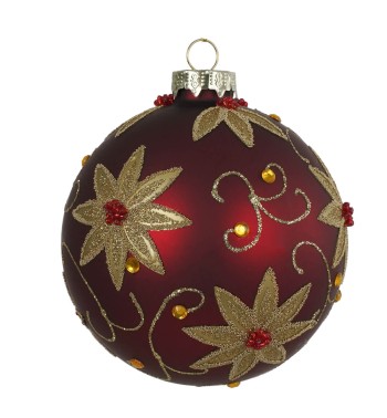 Pallina di Natale in Vetro Rosso con Fiori Dorati 2 Misure