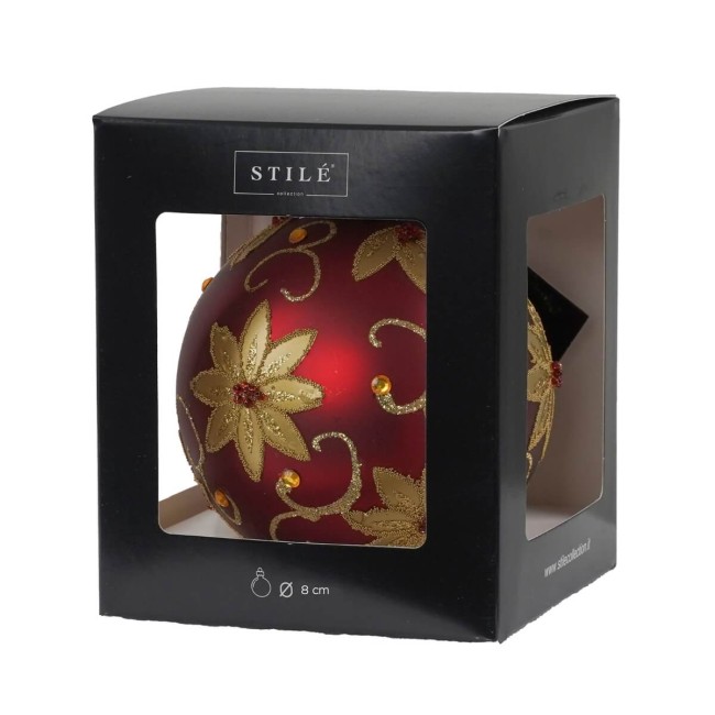 Pallina di Natale in Vetro Rosso con Fiori Dorati 2 Misure