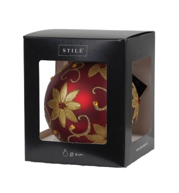 Pallina di Natale in Vetro Rosso con Fiori Dorati 2 Misure