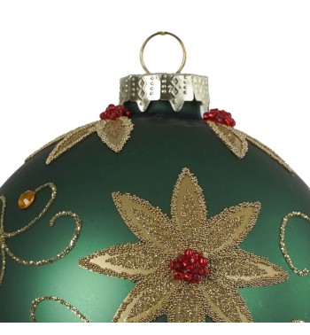 Pallina di Natale in Vetro Verde con Fiori Dorati 2 Misure