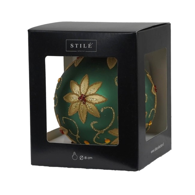 Pallina di Natale in Vetro Verde con Fiori Dorati 2 Misure