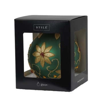 Pallina di Natale in Vetro Verde con Fiori Dorati 2 Misure