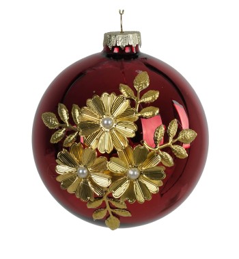Pallina di Natale in Vetro Rosso con Fiori Dorati D.10 cm