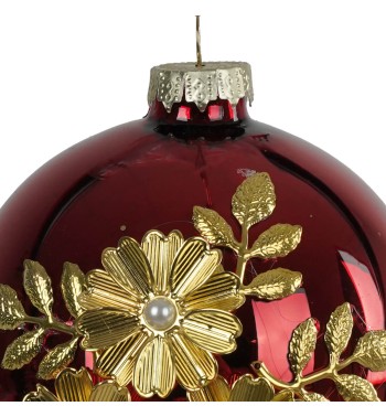 Pallina di Natale in Vetro Rosso con Fiori Dorati D.10 cm