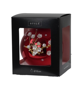 Pallina di Natale in Vetro Rosso con Fiori D.10 cm