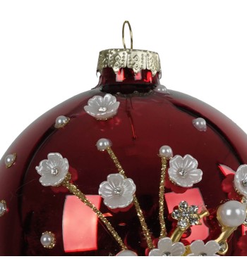 Pallina di Natale in Vetro Rosso con Fiori D.10 cm