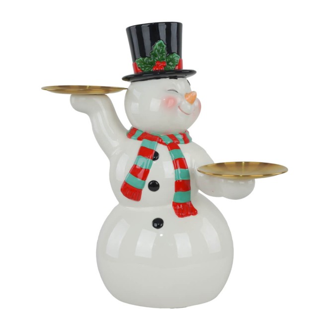 Pupazzo di Neve Natalizio con Piattini Oro in Resina H.41,2 cm