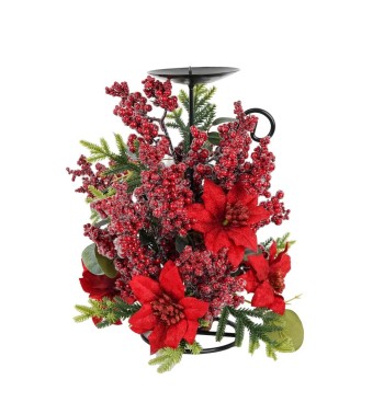 Candelabro con Bacche, Foglie e Stella di Natale H.33 cm