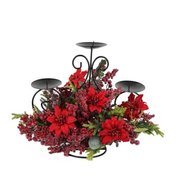 Candelabro con Bacche, Foglie e Stella di Natale H.50 cm