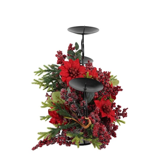 Candelabro con Bacche, Foglie e Stella di Natale H.50 cm